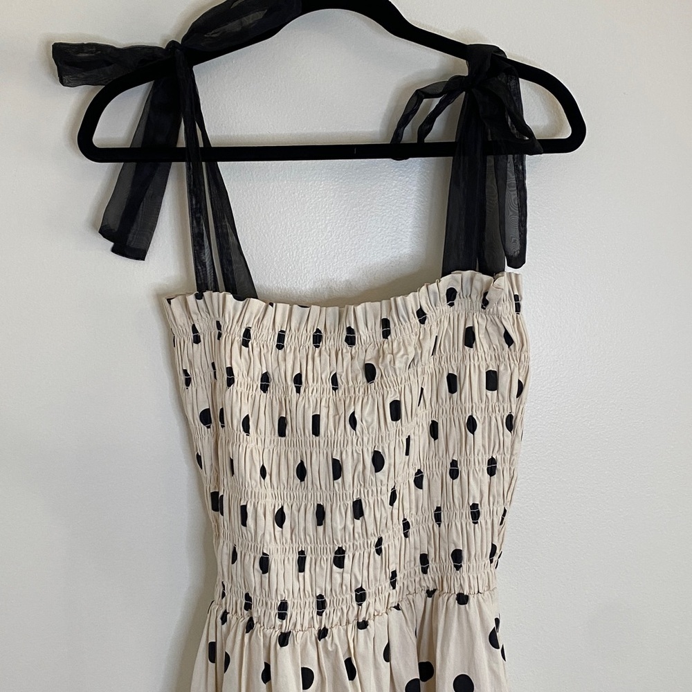 En Saison Black and Cream Polka Dot Midi Dress Smoked Tiered Cottagecore Large - Picture 2 of 8